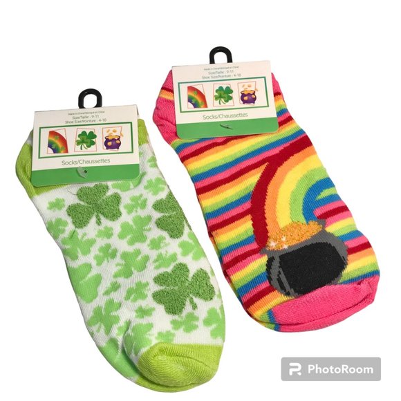 Shamrock Socks St Patricks Day Irish Celtic Pot Gold Rainbow Green 2 Pairs Lot - Picture 1 of 5